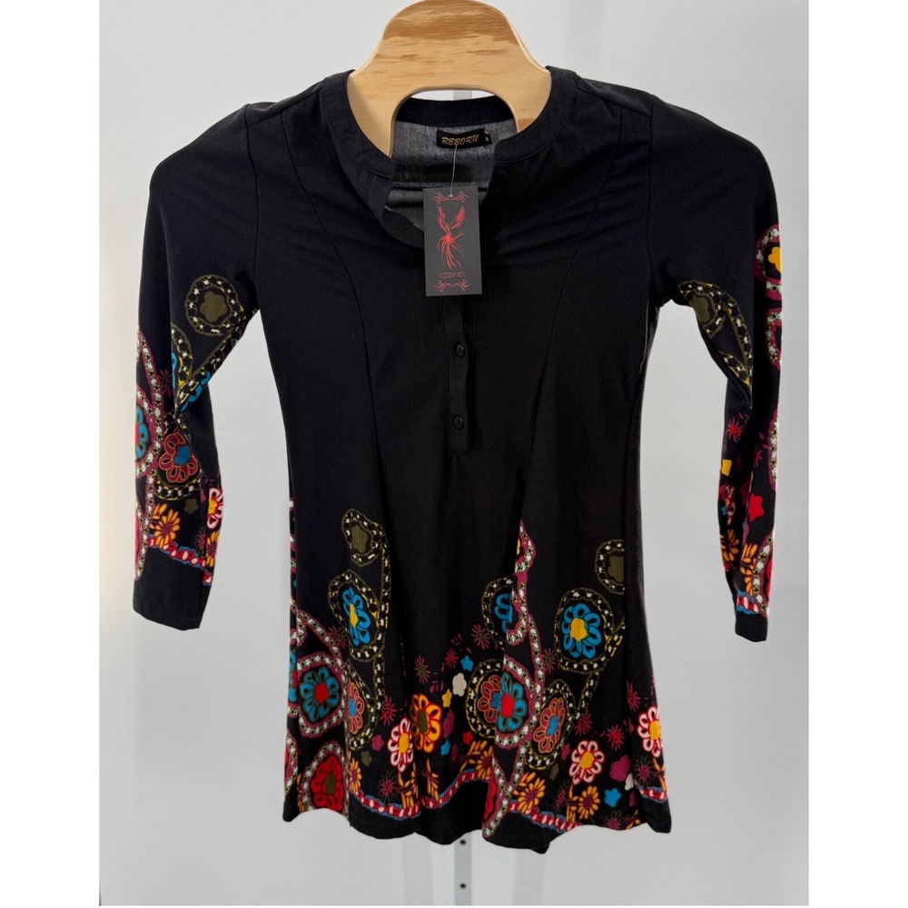 Reborn Paisley Print Mini Dress Long Sleeve Casual Black Size M